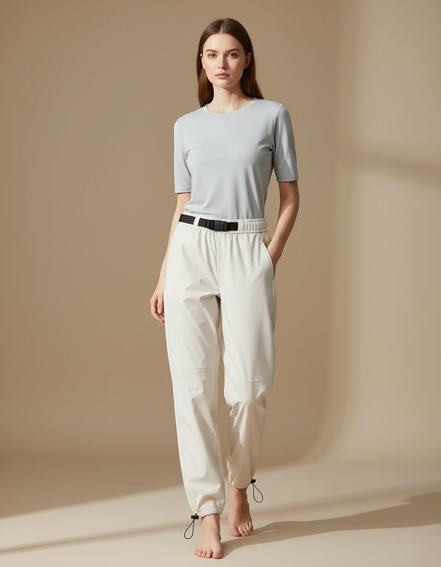 Pantalon De Pluie Beige Imperméable Ample Ceinturé Femme - Polyester