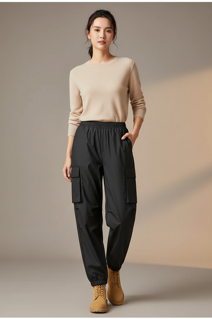 Pantalon De Pluie Noir Cargo Ample Femme Sportif - Polyester