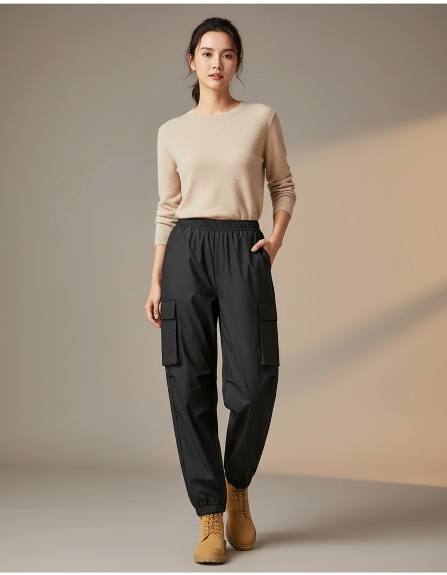 Pantalon De Pluie Noir Cargo Ample Femme Sportif - Polyester