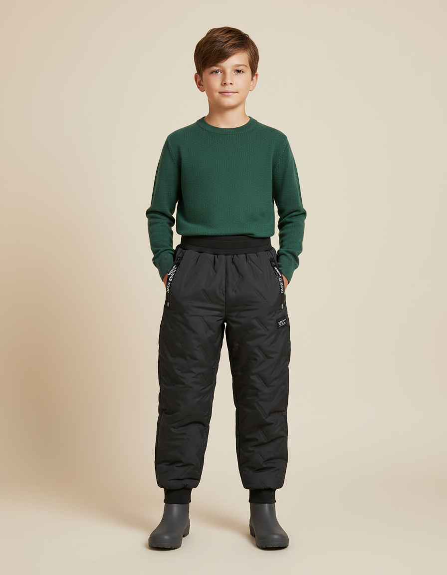 Pantalon De Pluie Noir Matelassé Élastique Chaud Enfant - Polyester