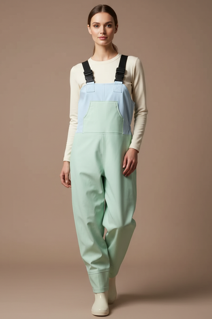 Pantalon De Pluie Bicolore Bretelles Ample Imperméable Femme - Vert Polyester