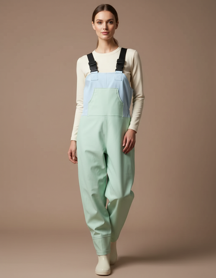 Pantalon De Pluie Bicolore Bretelles Ample Imperméable Femme - Vert Polyester