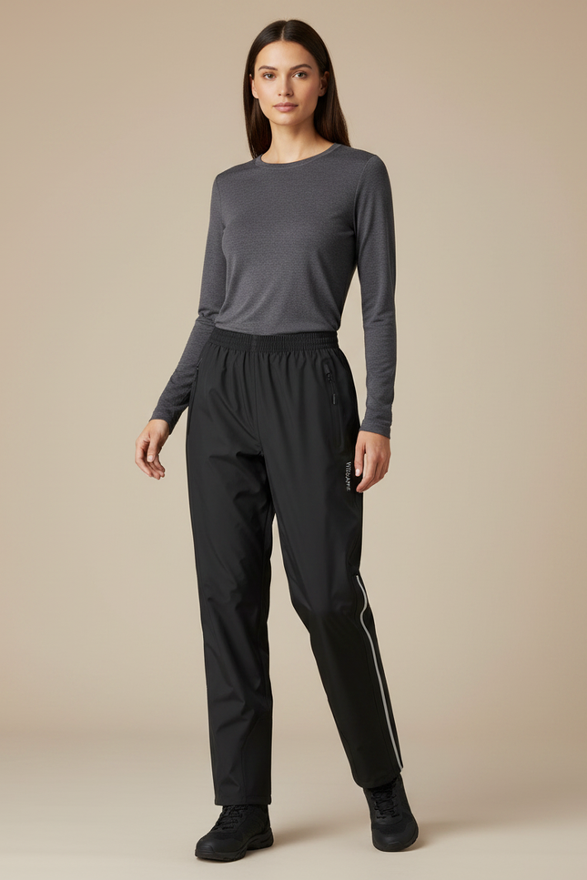 Pantalon De Pluie Noir Imperméable Sport Léger Bandes Latérales - Polyester
