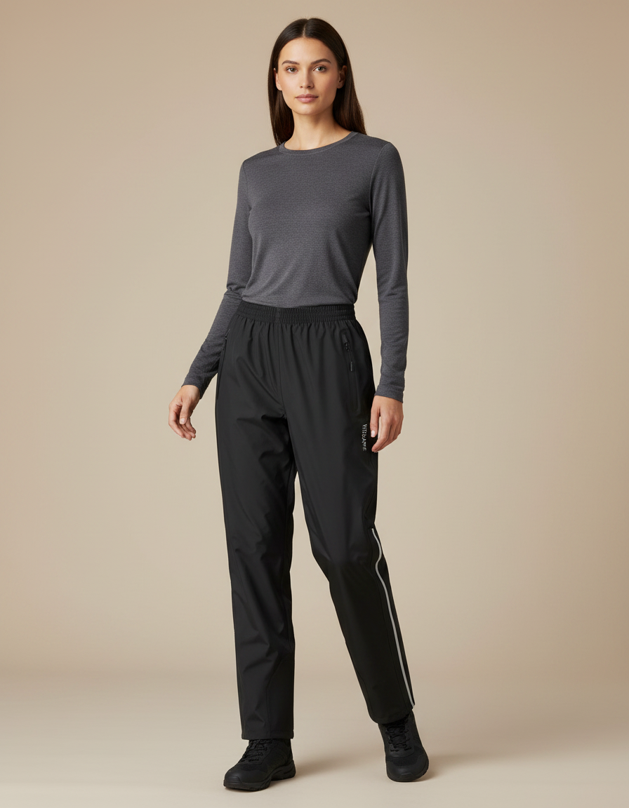 Pantalon De Pluie Noir Imperméable Sport Léger Bandes Latérales - Polyester
