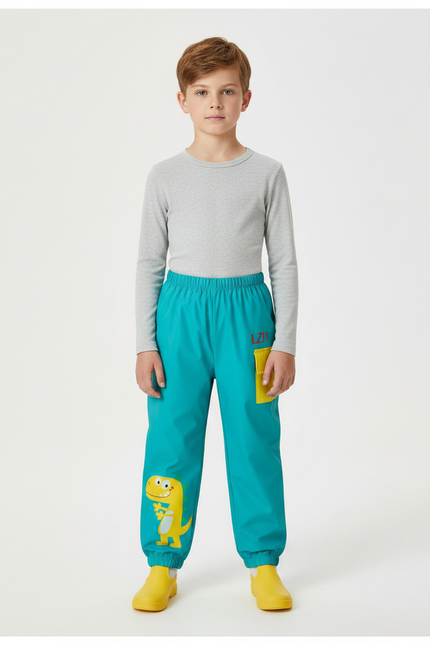 Pantalon De Pluie Turquoise Imperméable Dinosaure Élastiqué Enfant - Bleu Polyester