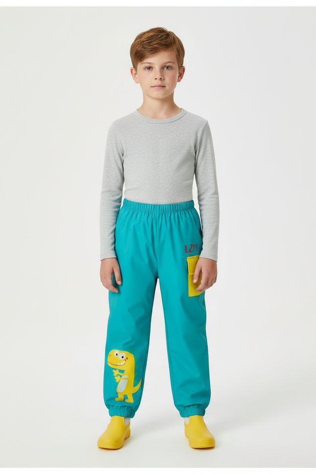 Pantalon De Pluie Turquoise Imperméable Dinosaure Élastiqué Enfant - Bleu Polyester