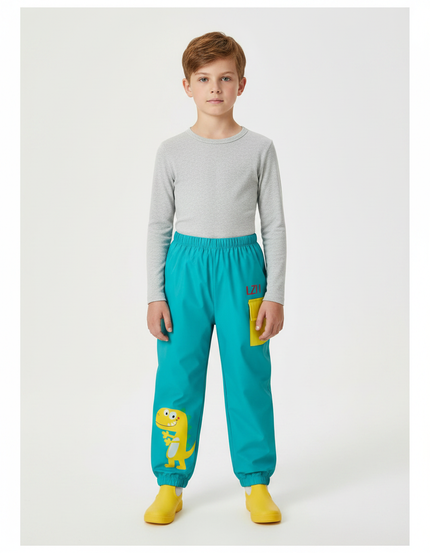 Pantalon De Pluie Turquoise Imperméable Dinosaure Élastiqué Enfant - Bleu Polyester