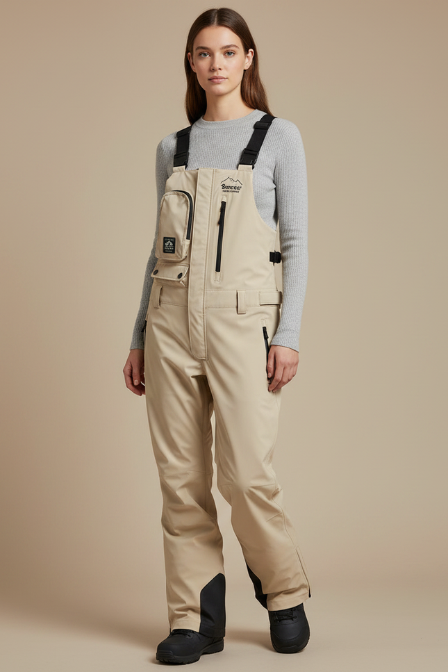 Pantalon De Pluie Beige Imperméable Bretelles Ski Femme - Polyester