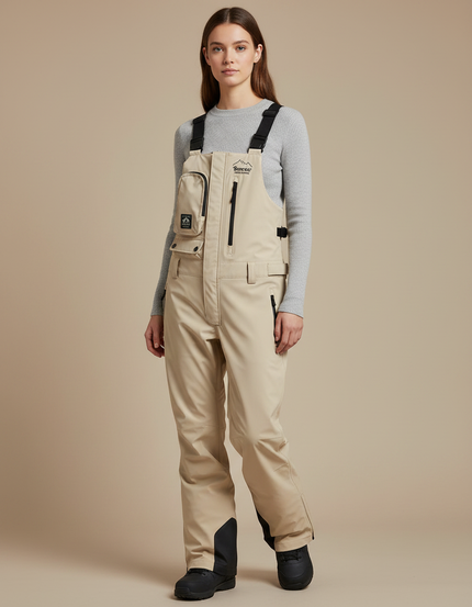 Pantalon De Pluie Beige Imperméable Bretelles Ski Femme - Polyester