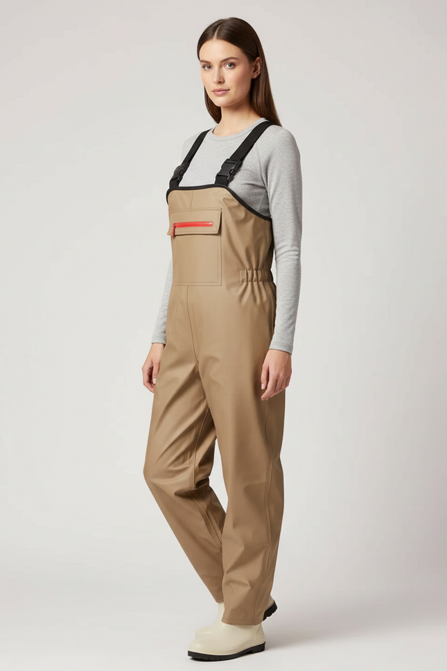 Pantalon De Pluie Beige Bretelles Imperméable Femme - Polyester
