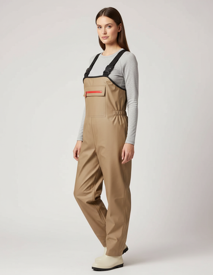 Pantalon De Pluie Beige Bretelles Imperméable Femme - Polyester