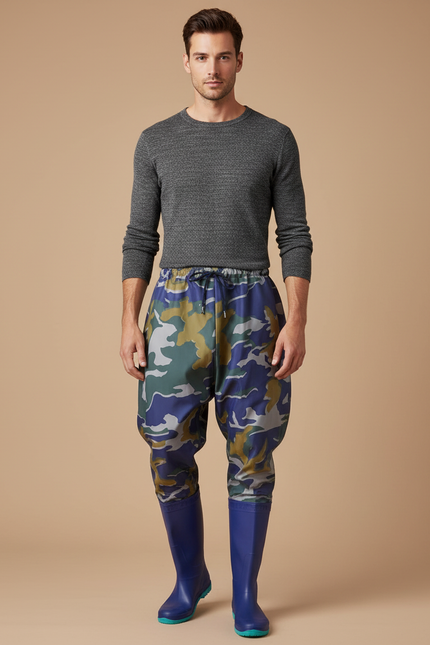 Pantalon De Pluie Camouflage Bleu Vert Ample Imperméable Homme - Multicolore Polyester
