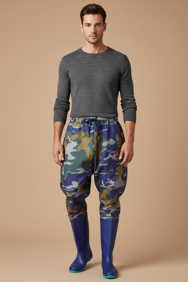 Pantalon De Pluie Camouflage Bleu Vert Ample Imperméable Homme - Multicolore Polyester