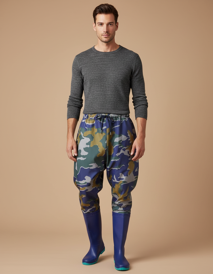 Pantalon De Pluie Camouflage Bleu Vert Ample Imperméable Homme - Multicolore Polyester