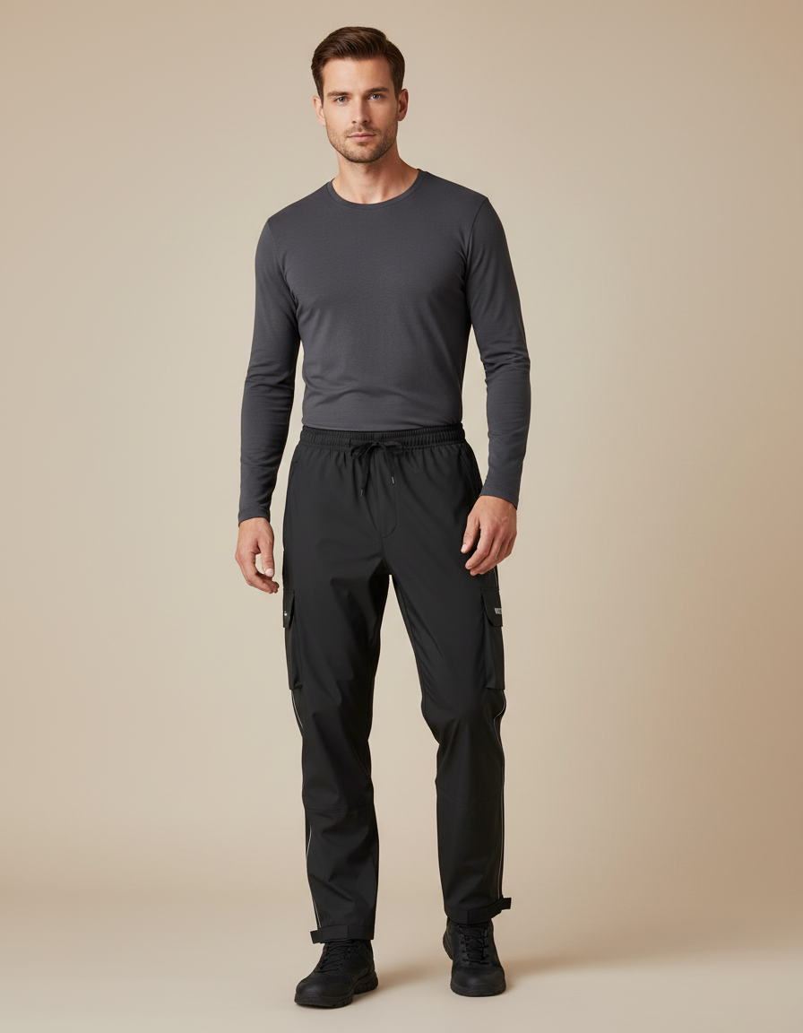 Pantalon De Pluie Noir Cargo Imperméable Homme Sport - Polyester