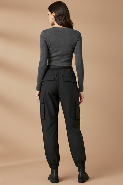 Pantalon De Pluie Noir Cargo Ample Ceinturé Femme - Polyester - vue 2