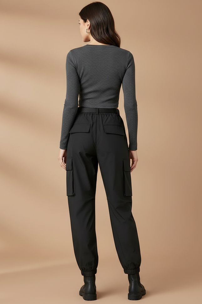 Pantalon De Pluie Noir Cargo Ample Ceinturé Femme - Polyester - vue 2