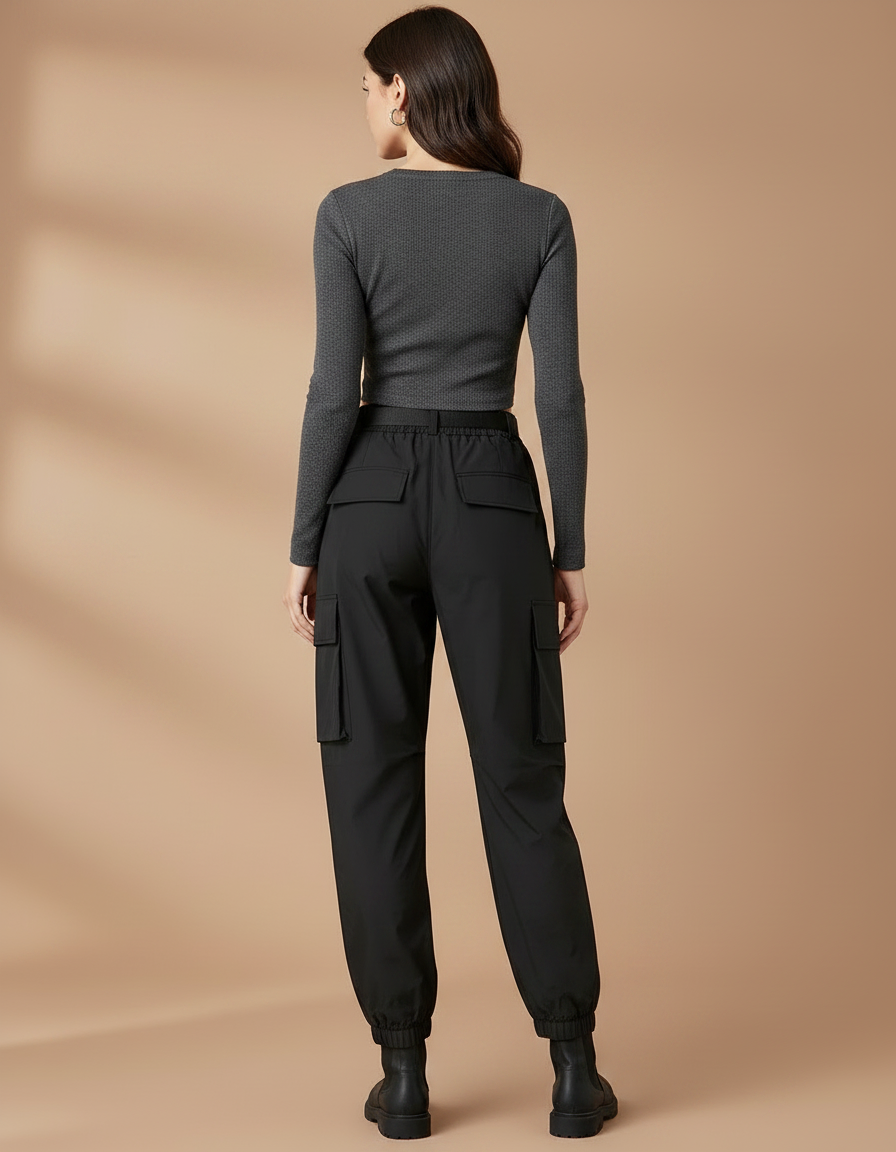 Pantalon De Pluie Noir Cargo Ample Ceinturé Femme - Polyester - vue 2
