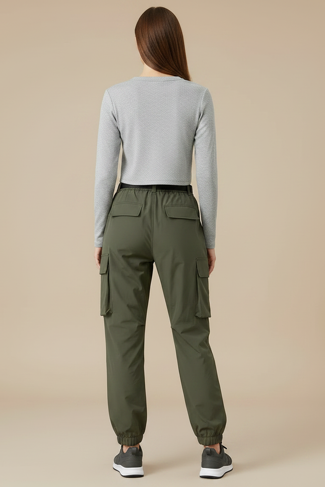 Pantalon De Pluie Vert Cargo Ample Ceinturé Femme - Kaki Polyester - vue 2
