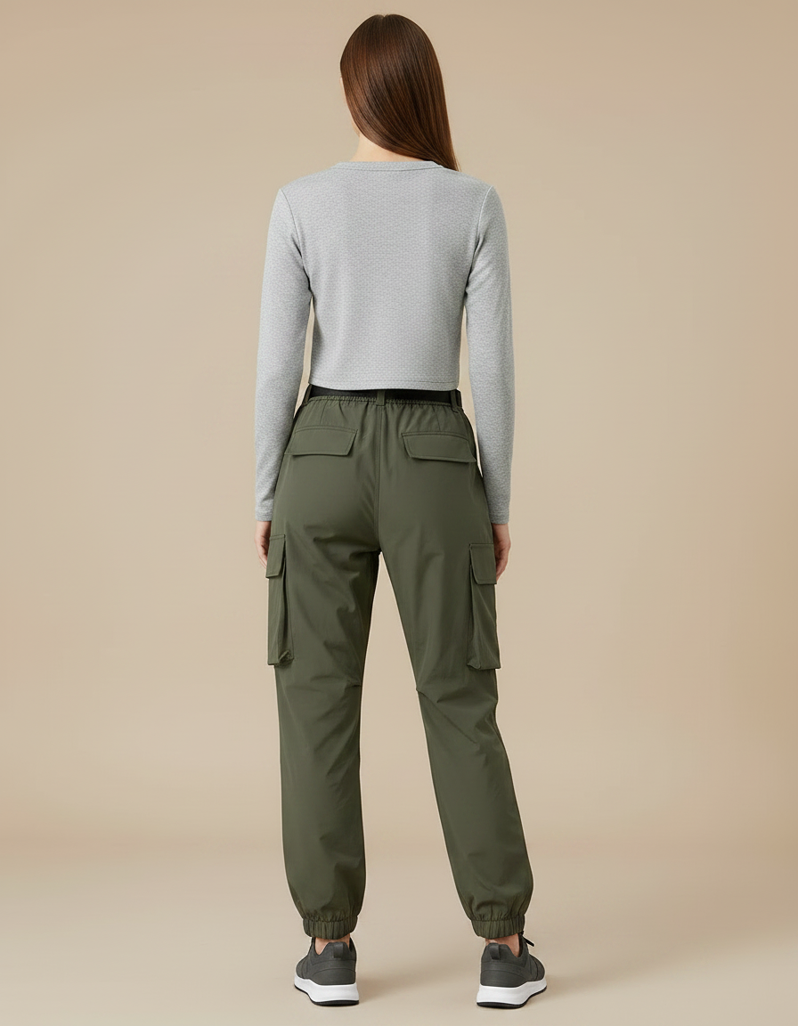 Pantalon De Pluie Vert Cargo Ample Ceinturé Femme - Kaki Polyester - vue 2