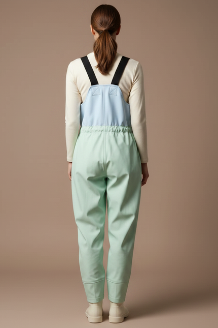 Pantalon De Pluie Bicolore Bretelles Ample Imperméable Femme - Vert Polyester - vue 2